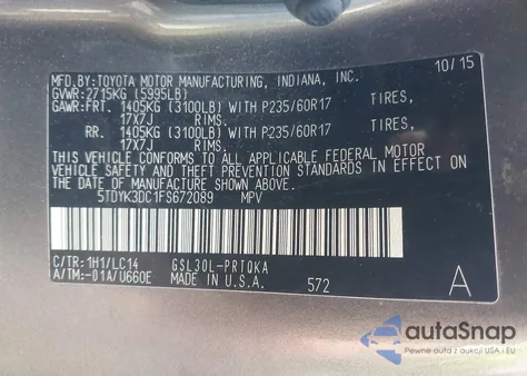 2015 Toyota Sienna Xle 8 Passenger из США, поврежденный, VIN 5TDYK3DC1FS672089